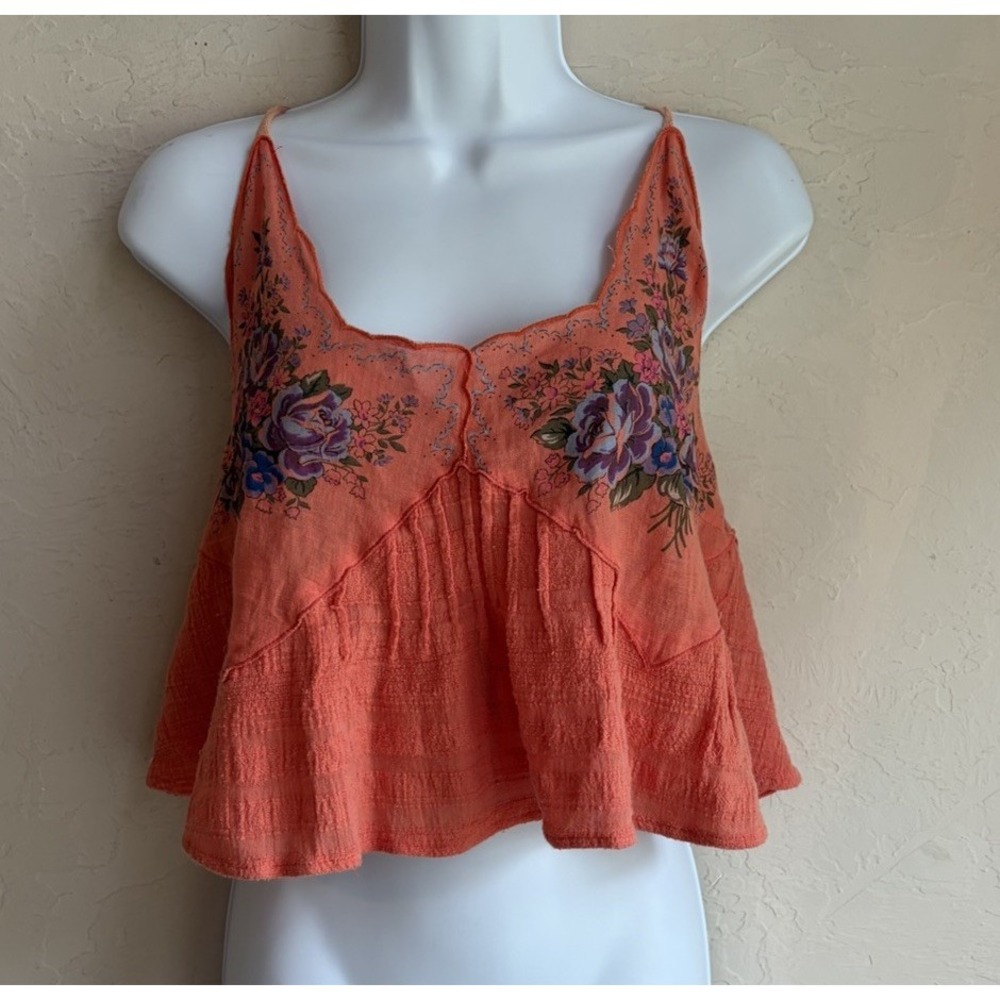 Free People New Romantics Painted Floral Cropped Cami Tank L Cottagecore Boho